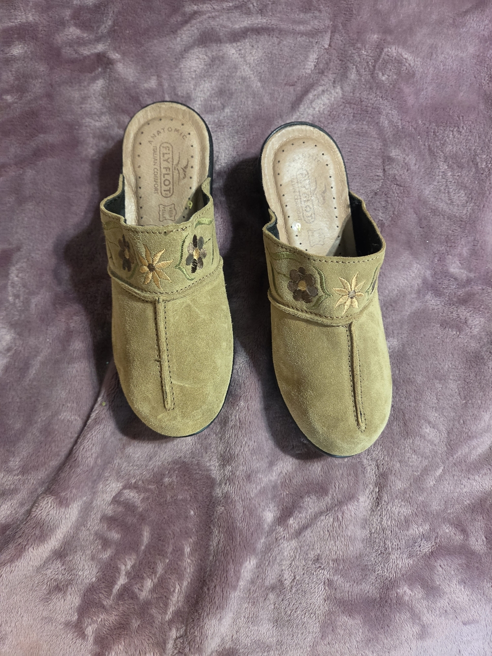 Clarks Women's Olive Suede Slip-On Clogs with Floral Embroidery